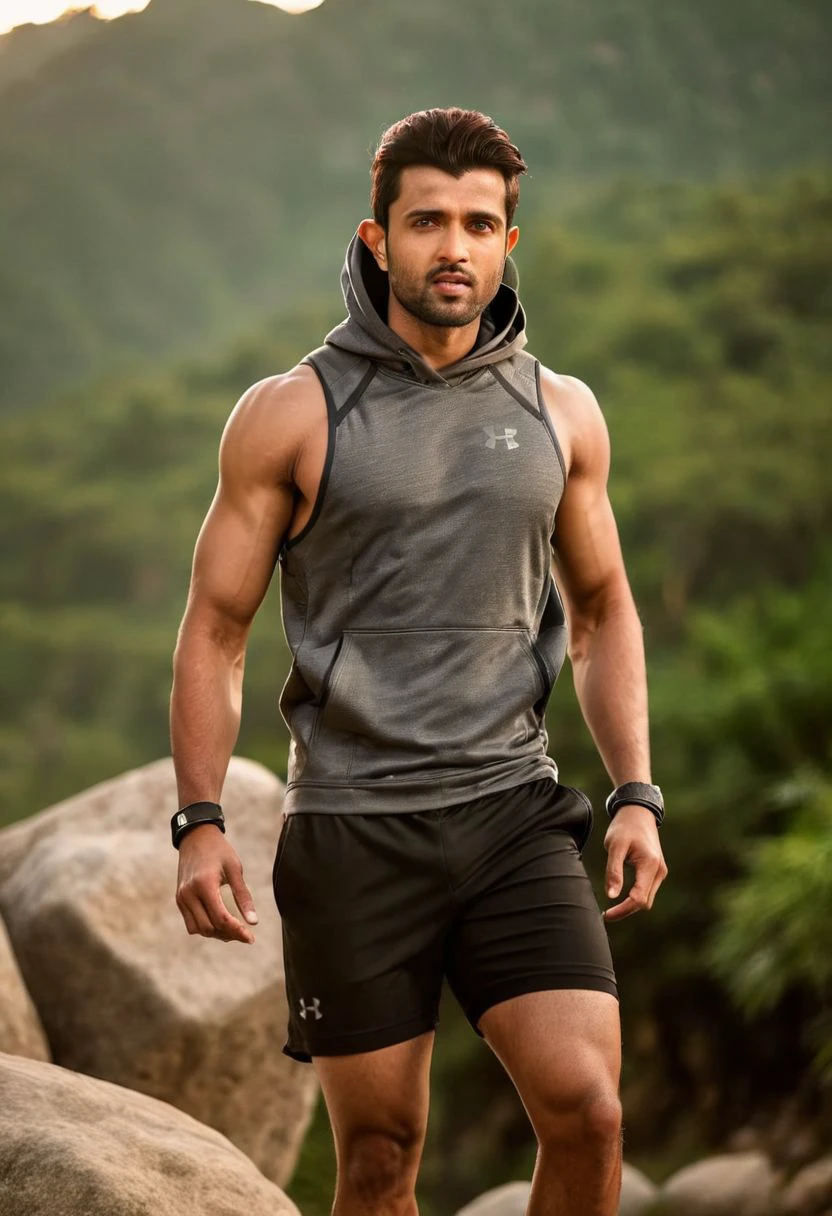 photo of Hrithik roshan a man <lora:vijaydevara_Hrithik:0.9>, wearing a sleeveless well-fitted under armour hoodie and compression shorts, standing on a boulder, outdoor trail, 35mm photograph, film, bokeh, professional, 4k, highly detailed, creek in the background, natural lighting, golden hour