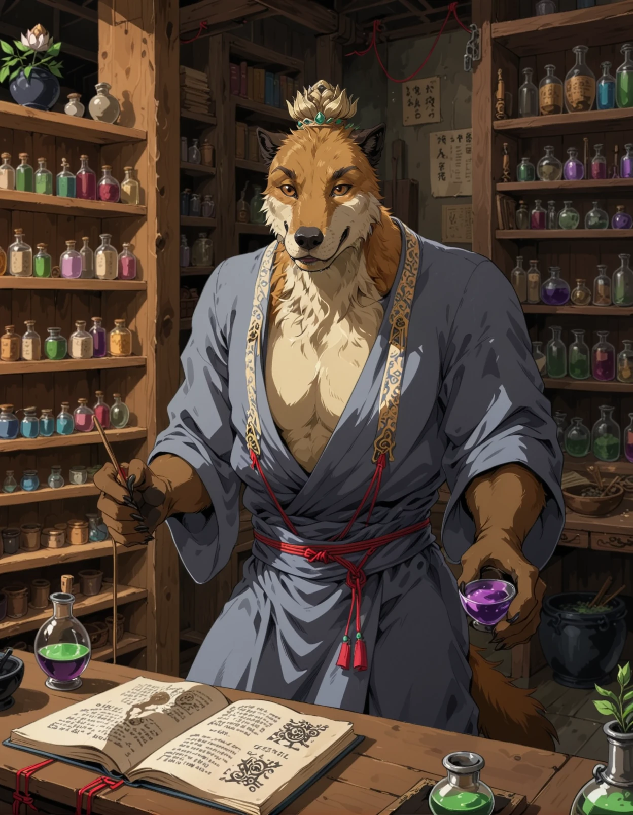 xudog, cel shading, flat colors, dog, anthro, solo, male, grey robe, red string accessory, lotus hair bun, slim, alchemy, holding vial, potion bottle, shelf, herbs, plant, east asian building, inside, scroll, book, curious, laboratory, <lora:BlackMythXuDog_seaart-1.0.3:1>