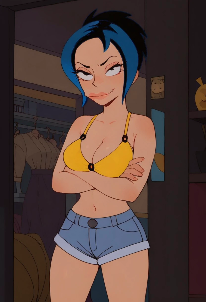 Score_9_up, score_8_up, score_7_up, BREAK, high quality, Expressiveh, 1girl, solo, grrr1, multicolored hair, black hair, blue hair, yellow bikini top, cleavage, short shorts, (arms crossed:1.3) smirk, bedroom