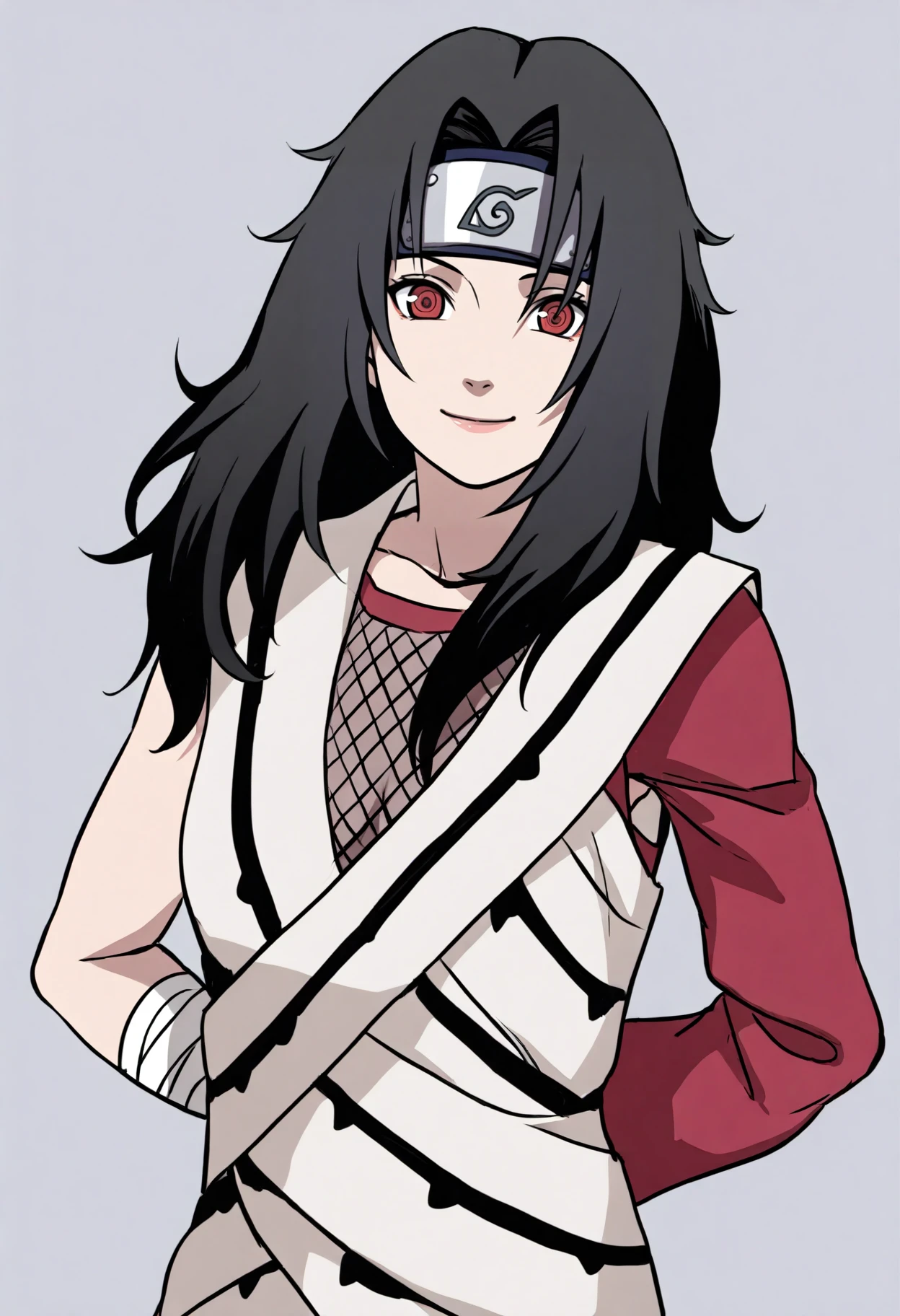 best quality, amazing quality, very aesthetic, absurdres,
1girl, kurenai, black hair, long hair, red eyes, bandages, forehead protector, fishnet top, asymmetrical clothes, single sleeve,
hands behind back, smile, upper body, looking at viewer, solo, (simple background, white background:1.3)   <lora:KurenaiIllustriousXL_byKonan:1>