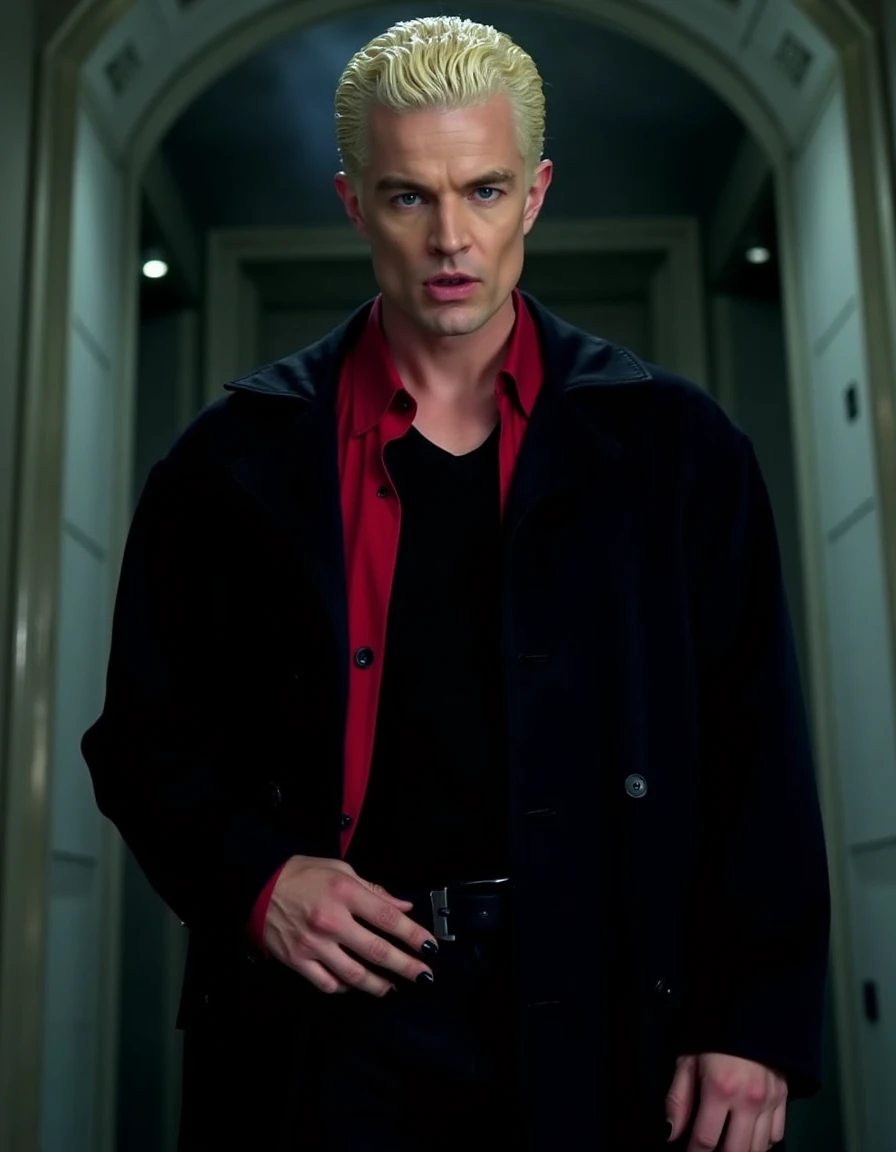 <lora:Spike_Flux:1>  This is an image of a man with bleach blonde short hair, blue eyes, mouth slightly open, with prominent cheekbones and a stern expression. wearing a black trench coat, red shirt, black fingernail polish. Standing inside of a mausoleum