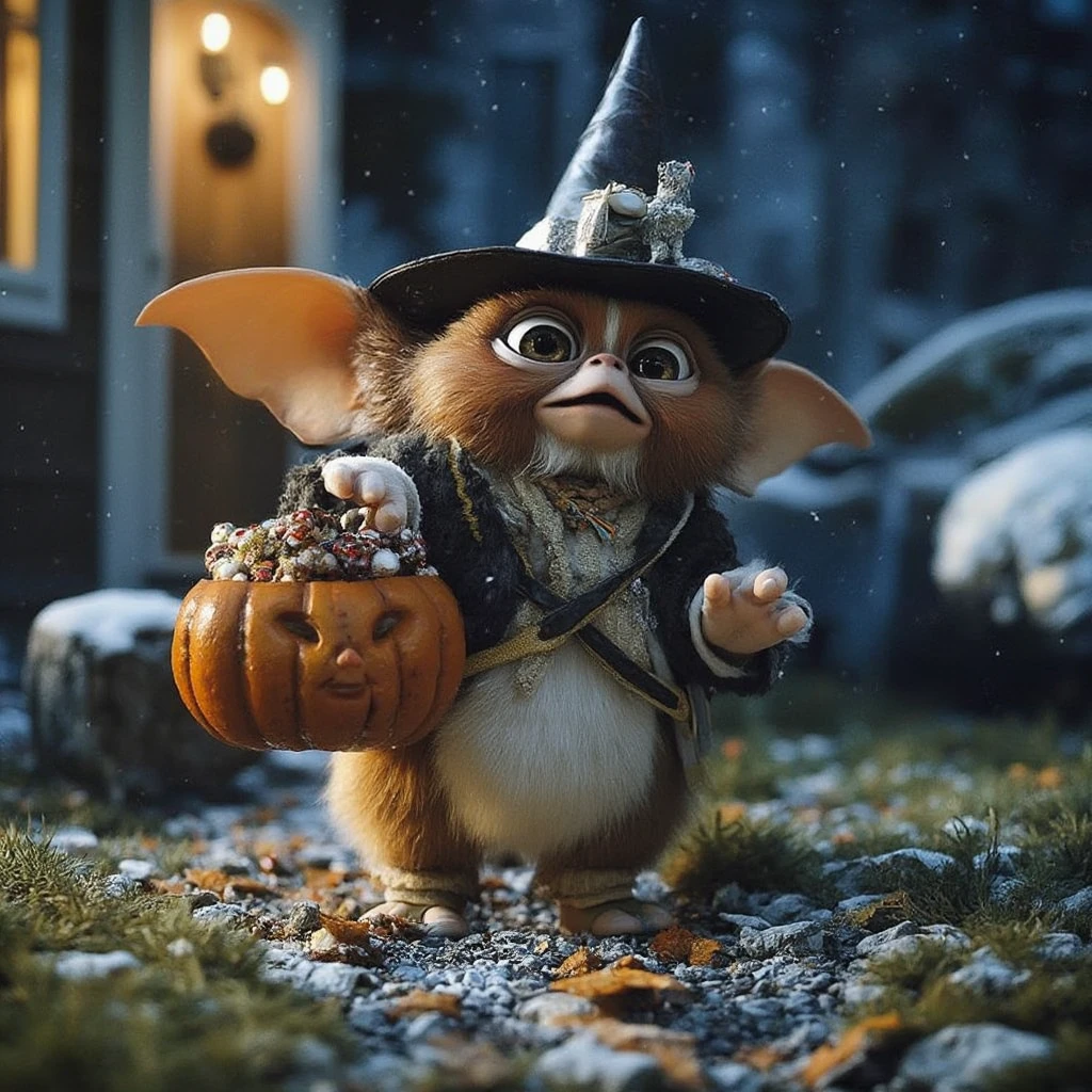 gzm, cinematic, at night, cinematic lighting, silvery night, gizmo holding a pumpkin full of candy and a witch hat, in front of a house asking for candy,  <lora:gizmo-flux:1>