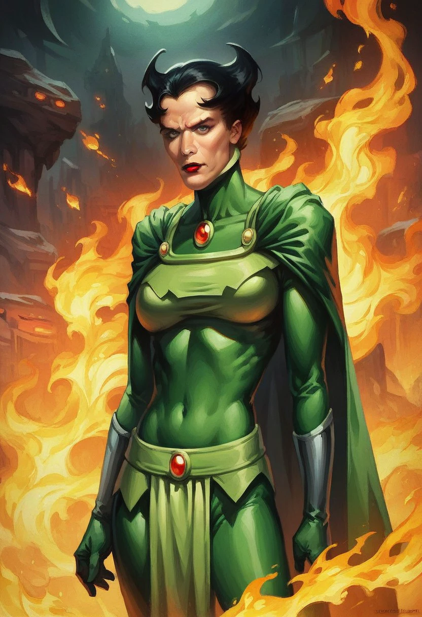 score_9_up, score_8_up, score_7_up, score_6_up, score_5_up, 1girl, solo, bernadeth, short black hair, spiked hair, green cape, green bodysuit, red lipstick, sneer, standing proudly, firey science-fiction landscape,  , (realistic), (painted art)