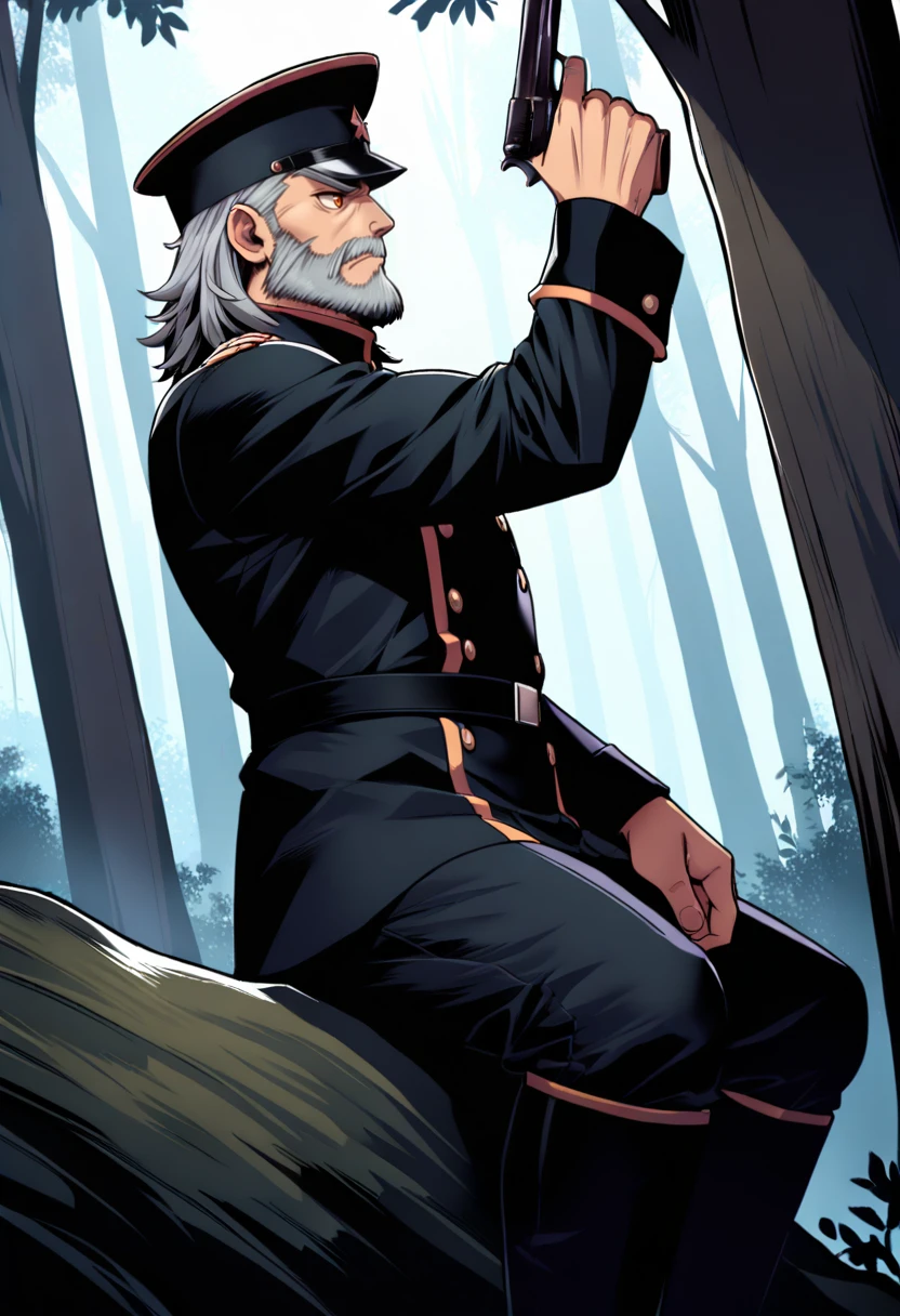 masterpiece, best quality, good quality,
1boy, solo, solo focus, black clothes, black costume, military hat, grey hair, orange eyes, medium hair, (serious:0.8), (muscular male:0.8), hand up, aiming, hand gun, old man, beard, fat, military uniform, outdoors, forest, nature, tree, sitting, side view, looking afar,