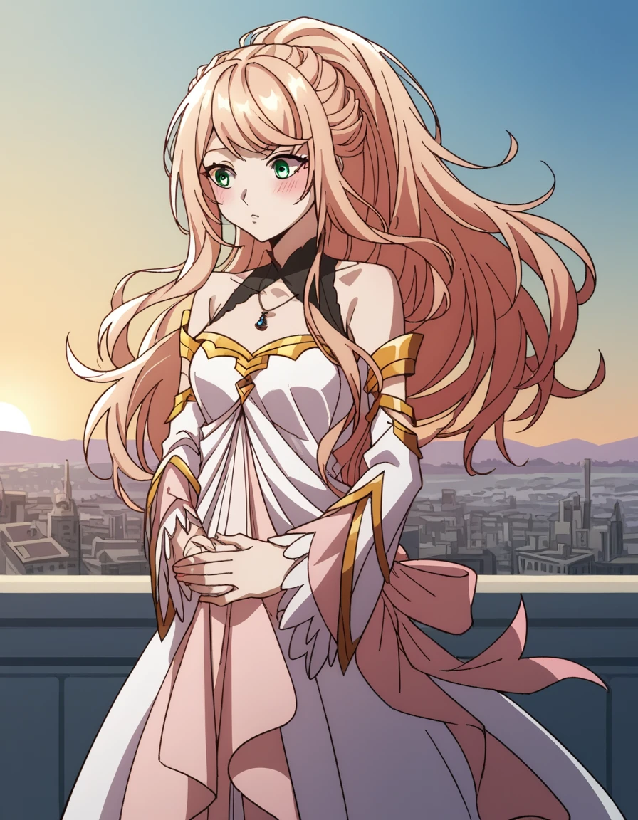 score_9, score_8_up, score_7_up, source_anime, <lora:lexia-von-arselia-s1-ponyxl-lora-nochekaiser:1>, lexia von arselia, long hair, blonde hair, green eyes, ponytail, pink hair, medium breasts,, dress, bare shoulders, detached sleeves, white dress,, rooftop, sunset, cityscape, quiet moment, wind blowing, contemplative, , , hands on stomach, blush,, solo,, cowboy shot, dutch angle,