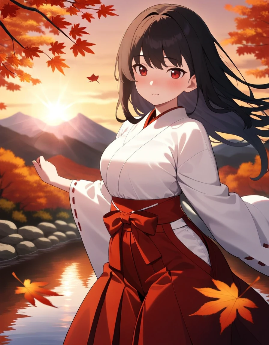 masterpiece, best quality, good quality,
1girl, miko clothing, red hakama, long hair, black hair, red eyes, maple, evening, fall leaves, falling maple, on water, babbling stream, mountain, wind, shadow, lens flare, dynamic light, light ray, blurry background, dancing, cowboy shot,