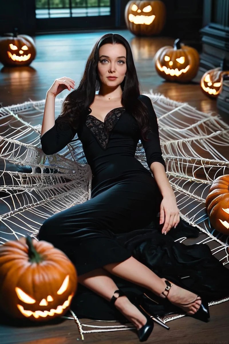 hires digital photo, photorealism, simple background,  <lora:c4r0ylnj0ne3Pony:1> c4r0ylnj0ne3 girl, long black hair, black dress, heels, lying on floor, looking up at viewer, indoors, pumpkins, lanterns, spider webs in the corners, PonyXL_Scores, intricate details, high resolution,, rating_safe