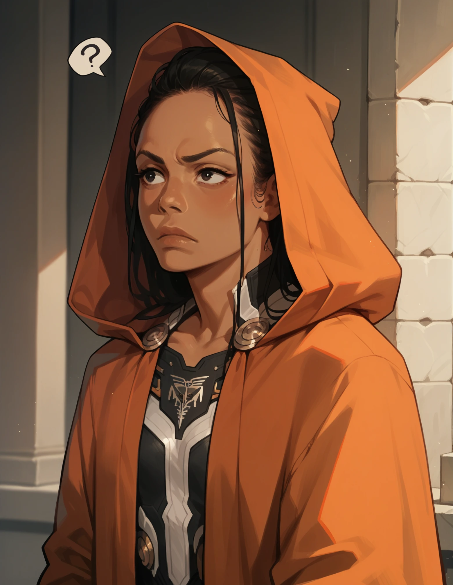 <lora:Valkyrie:0.7> valkyrie, solo, 1girl, imponent pose, dark skin, black eyes, orange cloak, hood, raising one eyebrow, question mark, indoors, score_9, score_8_up, score_7_up, score_6_up, 2d, digital art, masterpiece, <lora:sinfully_stylish_PONY_0.2:0.3> dramatic lighting <lora:incase-ilff-v3-4:0.3> <lora:Expressive_H:0.3> expressiveh <lora:g0th1cPXL:0.3> g0th1cpxl