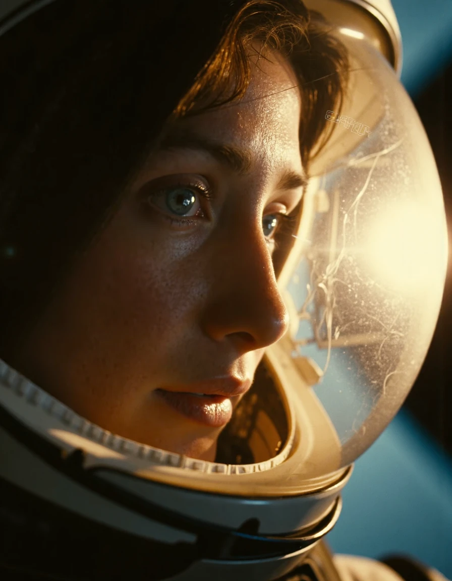 Close-up of an astronautâs helmet, with intense sunlight reflecting off her visor. The light highlights the scratches on the glass, while casting sharp shadows on the woman's face inside, tears in her eyes, looking past the camera, barely visible in the darkness beneath the helmet. <lora:sunshineF1:1>