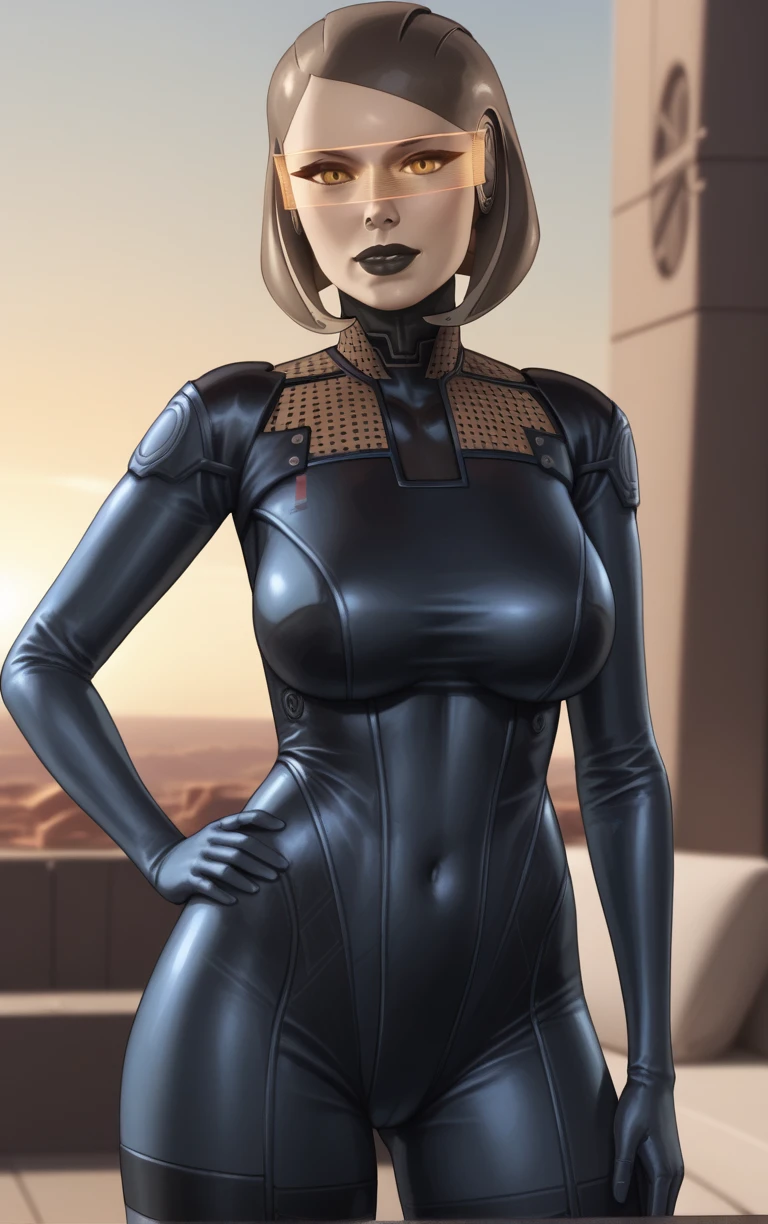 score_9, score_8_up, score_7_up, looking at viewer,  BREAK
BlackBodySuit_Edi_ownwaifu, 
1girl, brown eyes, glasses, tinted eyewear, black lips, lipstick, makeup, short hair, colored skin, large breasts,
black bodysuit, humanoid robot, science fiction, helmet, bodysuit, cyborg, leather, cyberpunk, mecha, android,  spacesuit,
(contrapposto, hand on hip), sunset, sidelighting, cityscape, outdoors, <lora:PONYXL_MassEffect_EDI_ownwaifu:1> , depth of field, solo,