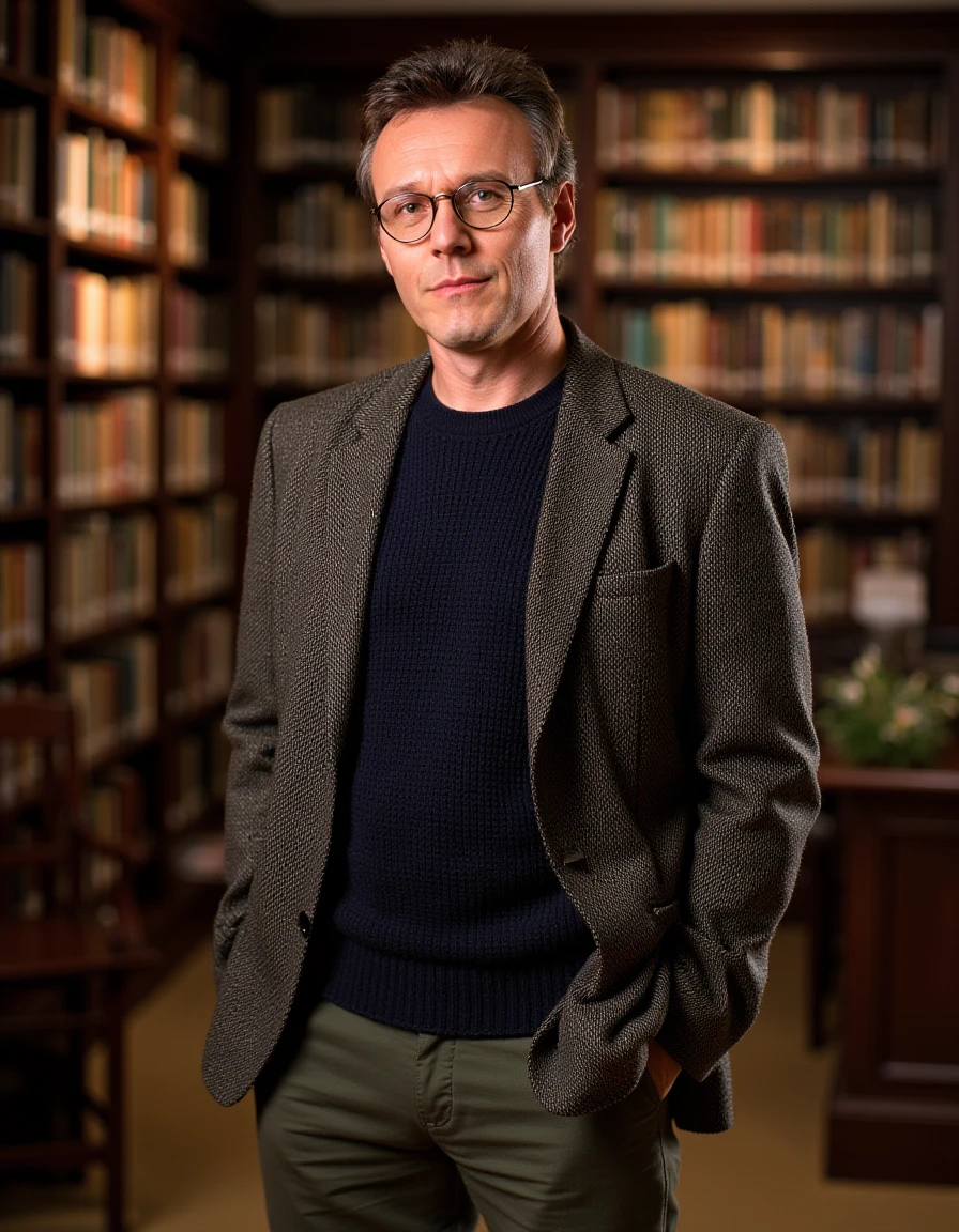 <lora:Rupert_Giles_Flux:1>The image is a photograph featuring a man standing in a library ,wearing a tweed blazer,, glasses and a textured navy blue sweater and olive green pants. He has short, hair styled neatly.