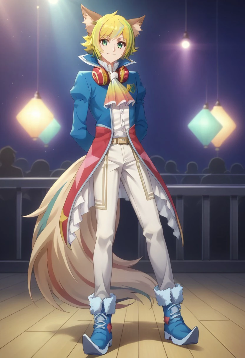 score_9, score_8_up, score_7_up, source_anime, highly detailed, 

shuzo, 1boy, male focus, solo, blonde hair, green hair, multicolored hair, streaked hair, animal ears, fox ears, green eyes, shirt, white shirt, ascot, jacket, blue jacket, high collar, belt, pants, white pants, tail, fox tail, boots, ankle boots, blue footwear, headphones around neck, smile, happy, 

indoor, stage, lights, performing