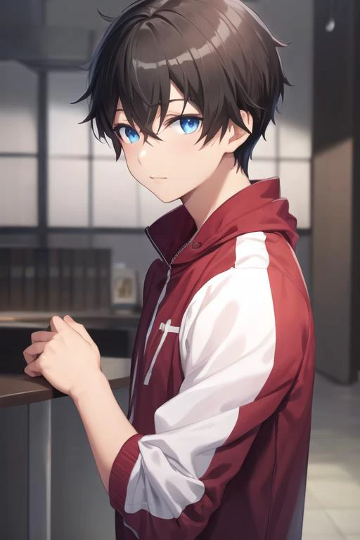 masterpiece, best quality, high quality, 1boy, solo, male focus, looking at viewer, upper body, <lora:youta_narukami:0.58>, youta_narukami, blue eyes, black hair, hair between eyes, , track suit