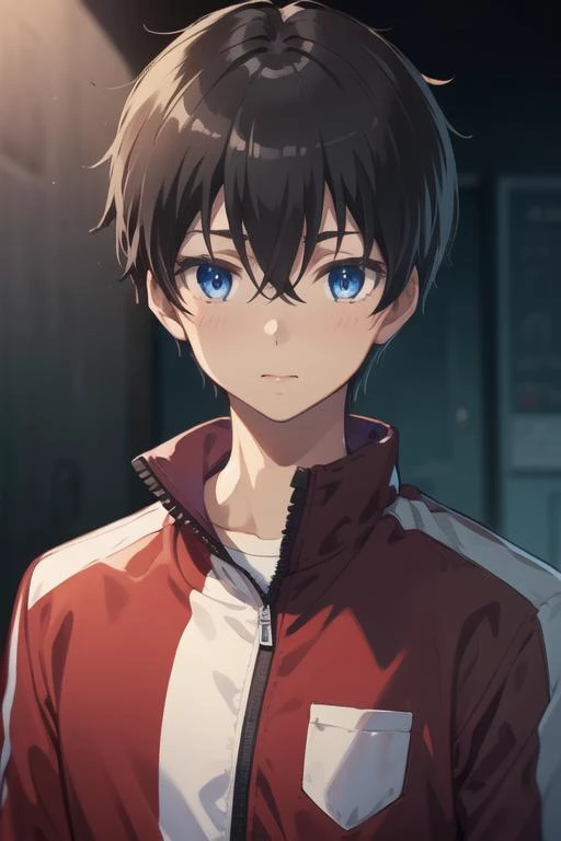 masterpiece, best quality, high quality, 1boy, solo, male focus, looking at viewer, upper body, <lora:youta_narukami:0.60>, youta_narukami, blue eyes, black hair, hair between eyes, , track suit