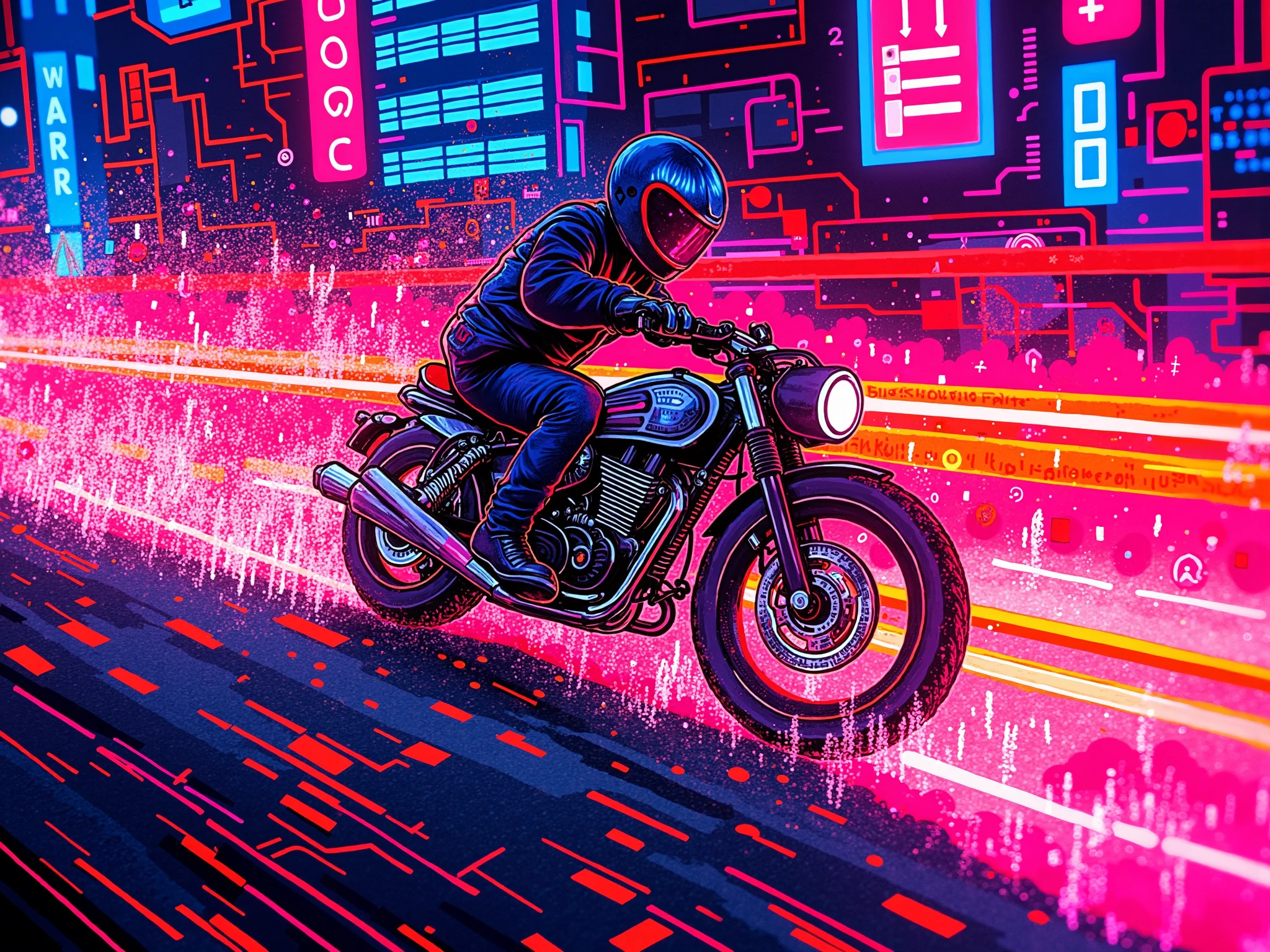 nescrib, A cyberpunk motorbike chase through a neon-lit city, the bikes leaving glowing neon trails and chaotic scribbles as they speed through traffic