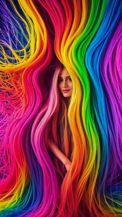 Extreme realism in a complex, highly detailed composition featuring a woman with extremely long flowing rainbow-colored hair. The glowing background, with its vibrant colors, exaggerated details, intricate textures, and dynamic lighting, creates a whimsical, dreamy atmosphere in photorealistic quality., <lora:dr.ilaydasimaygul_proyect:1> (dr.ilaydasimaygul), she has blonde hair,