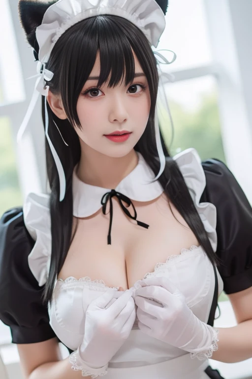 her clothes are transparent、Her breasts are very large、(((Heart mark to hide areola))、She wears a thin apron with small frills that hide her crotch.、She is wearing a small transparent ruffled curtain that hides her breasts。、Torn clothing、A slight smil