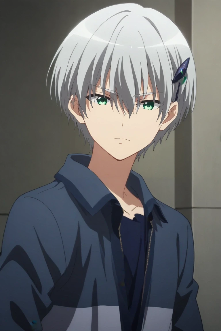 score_9, score_8_up, score_7_up, , rating_safe, intricate details, anime screencap, anime coloring, official style, , , 1boy, solo, male focus, <lora:hiroto_suzuki_pony:0.92>, hiroto_suzuki, grey hair, green eyes, short hair, bangs, hair between eyes, hair ornament, , , <lora:sdxl_lightning_8step_lora:1>