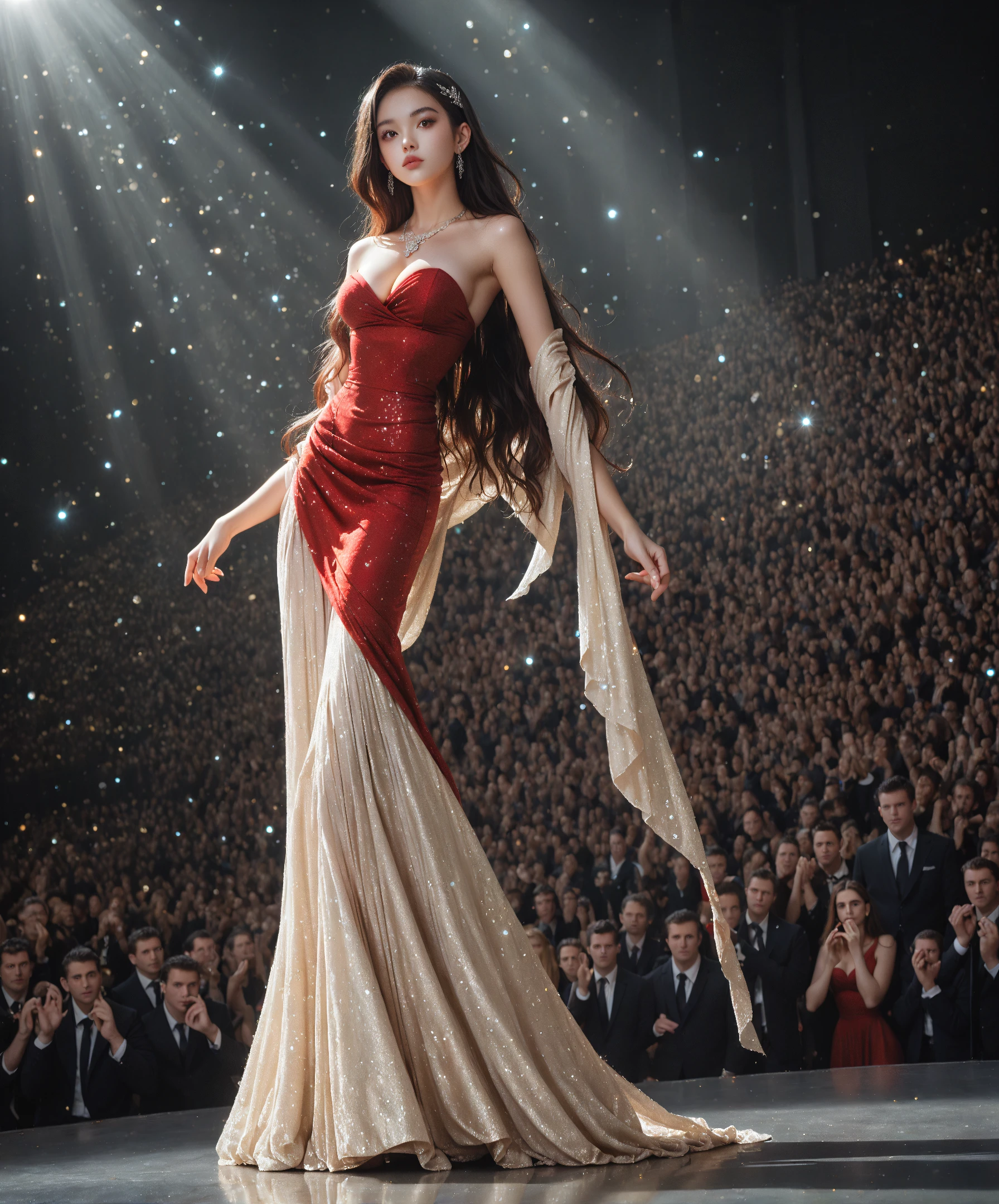 dressart,red dress , floating hair , (floating dress:1.4), (photo art), 1girl, Stunningly Beautiful Girl, Haute_Couture, designer dress, wearing Haute_Couture, posing for a picture, fashion show, Long shaped face, angry, crazy, dark red eyes, red hair, long ringlets, catwalk \(walkway\),  , colorful, vivid colors, masterpiece, best quality, absurdres, highest quality, amazing details, 8k, aesthetic,   