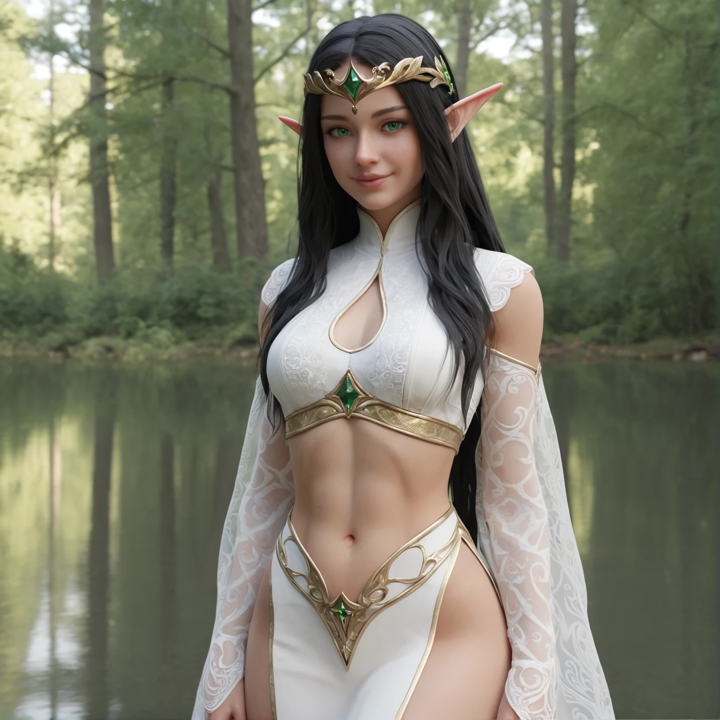 (Blender (medium):1.1),score_9,high resolution,
high elf,pale white skin,
elf with a RPG priestess outfit,ethereal fae beauty,
fantasy artwork,green eyes,eye reflection,close-up,long hair,black hair,fine skin,outdoors,forest,god rays,flowing white greek robes with black trim and lace,white robe,perfect face,side light smile,full lips,tiara,jewelry,toned body,midriff cutout,small waist,
reflective water,ripples,translucent sleeves,priestess,magical girl,looking at viewer,peek side slit,
bloom,1girl,volumetric lighting,masterpiece,