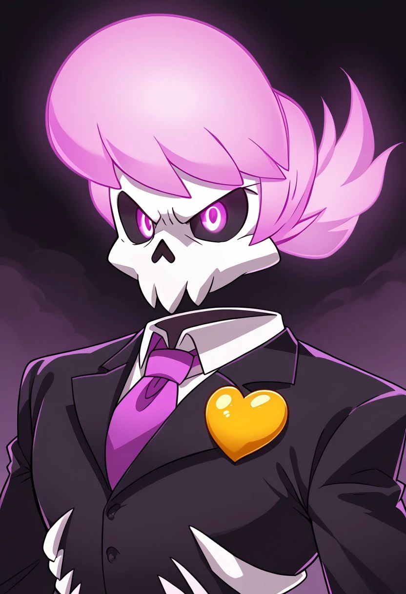 Lewis Pepper, Skull, Glowing Purple hair, Muscular, Floating head, Purple glowing pupil, Black sclera, Golden Heart Badge,  Signature suit, portrait