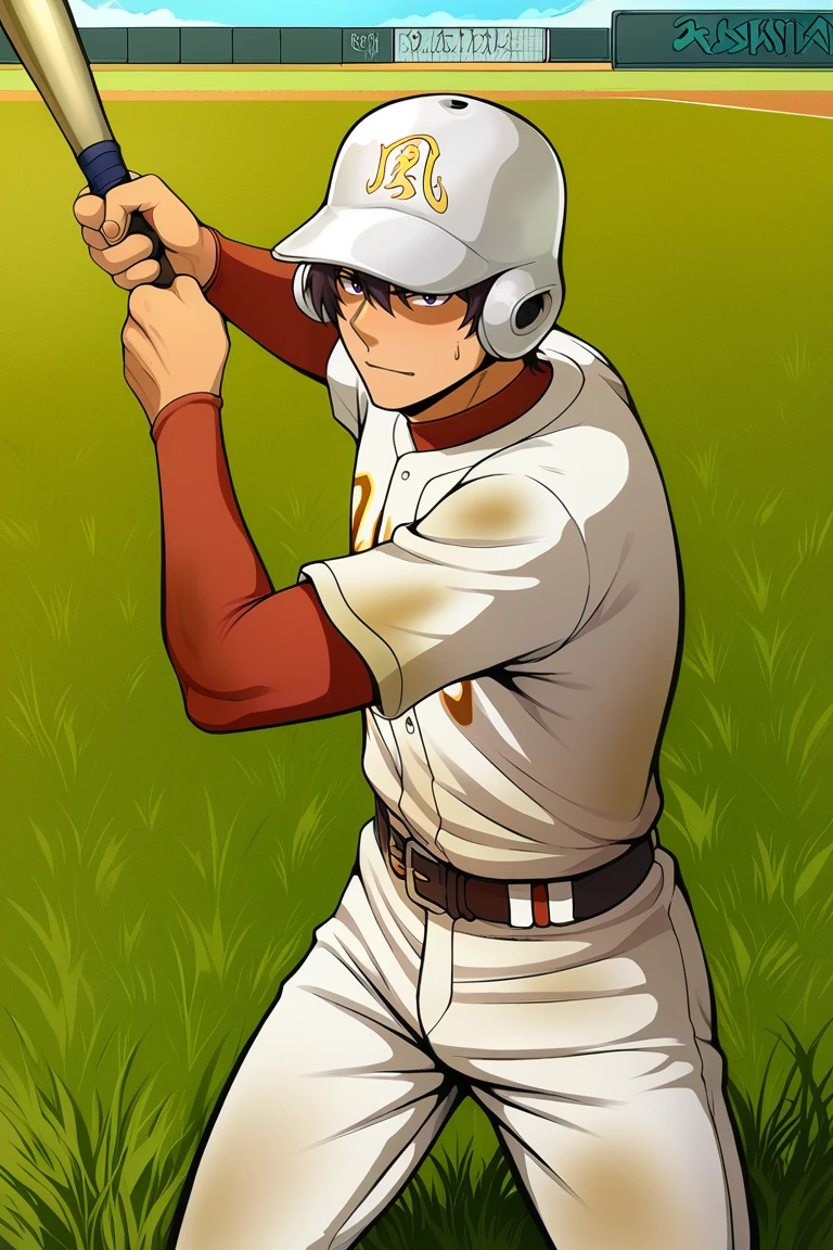 zPDXL2,<lora:Akira_Nishina:1>,akira nishina,(batting stance:1.2),holding baseball bat,1boy,baseball bat,baseball helmet,hat writing,clothes writing,solo,male focus,baseball uniform,belt,white pants,white t-shirt,dirty,red turtleneck,short over long sleeves,sky,grass,baseball stadium,