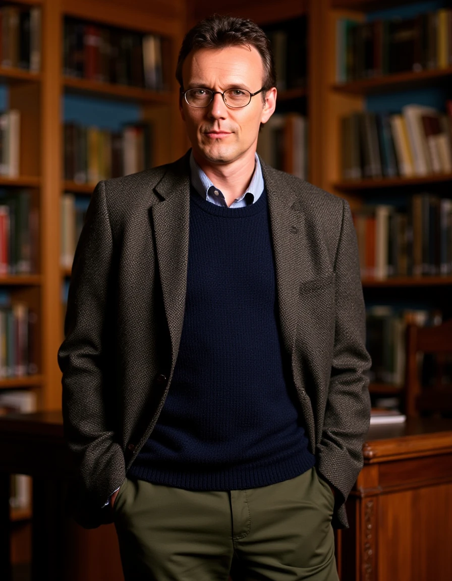 <lora:Rupert_Giles_Flux:1>The image is a photograph featuring a man standing in a library ,wearing a tweed blazer,, glasses and a textured navy blue sweater and olive green pants. He has short, hair styled neatly.