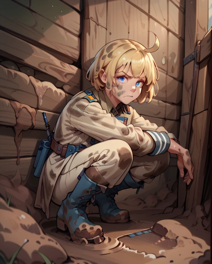 <lora:M1911_Girls_Frontline  (PONY):1> m1911, blue_eyes, blonde_hair, short_hair, bangs, ahoge, solo,  <lora:trenchwarfarepony:1> trench warfare, muddy, wooden wall, helmet, soldier's uniform, crouching, frowning, peeking over wall, pants, boots, score_9, score_8_up, score_7_up, masterpiece, high quality, 8K, <lora:detailed_notrigger:1>