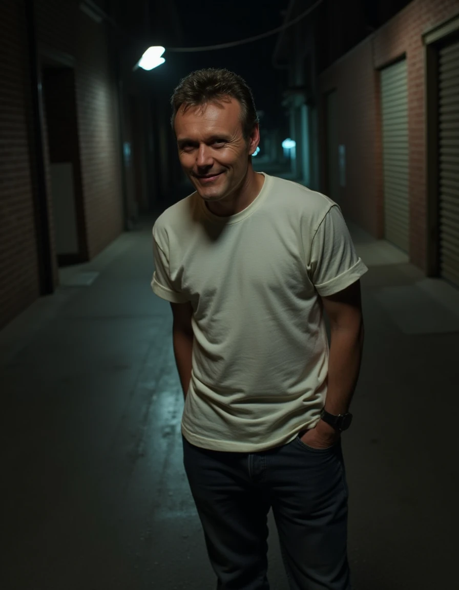 <lora:Rupert_Giles_Flux:1>The image is a photograph featuring a man standing in an alley at night, air of menace ,wearing a white t-shirt, jeans, short hair, wicked grin mischievous