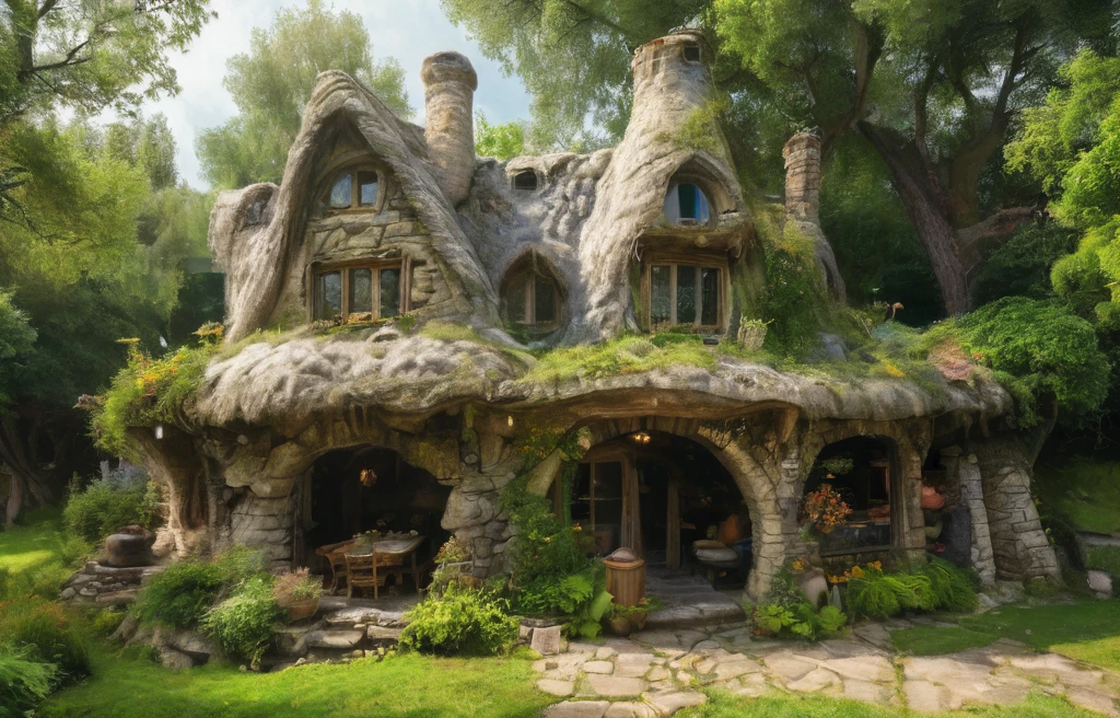 in front hangs a one-story fabulously magical house of a fairy, a wizard, a wizard, built of stone, covered and merged with nature, the roof reaches the ground and is completely covered with grass and green grass, a large veranda. from in front of a table and chairs made of branches, a large barbecue, windows, stone chimney, spacious inside, avant-garde ecologically independent house merging with nature built from natural materials found in nature, fantastic fairytale style, photorealism, sense of harmony and tranquility, relaxation, fantasy and magic, magic, paradise <lora:MJ52_v2.0:1> <lora:xl_more_art-full_v1:1>