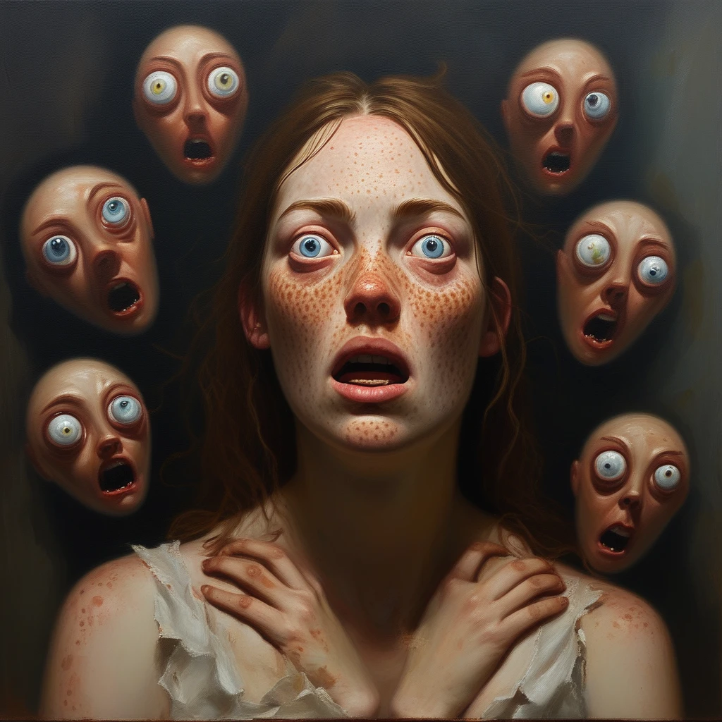 score_9, score_8_up, score_7_up oil painting of a freckled woman around her are seven eyes dreams ,she's looking panicked like a bad dream