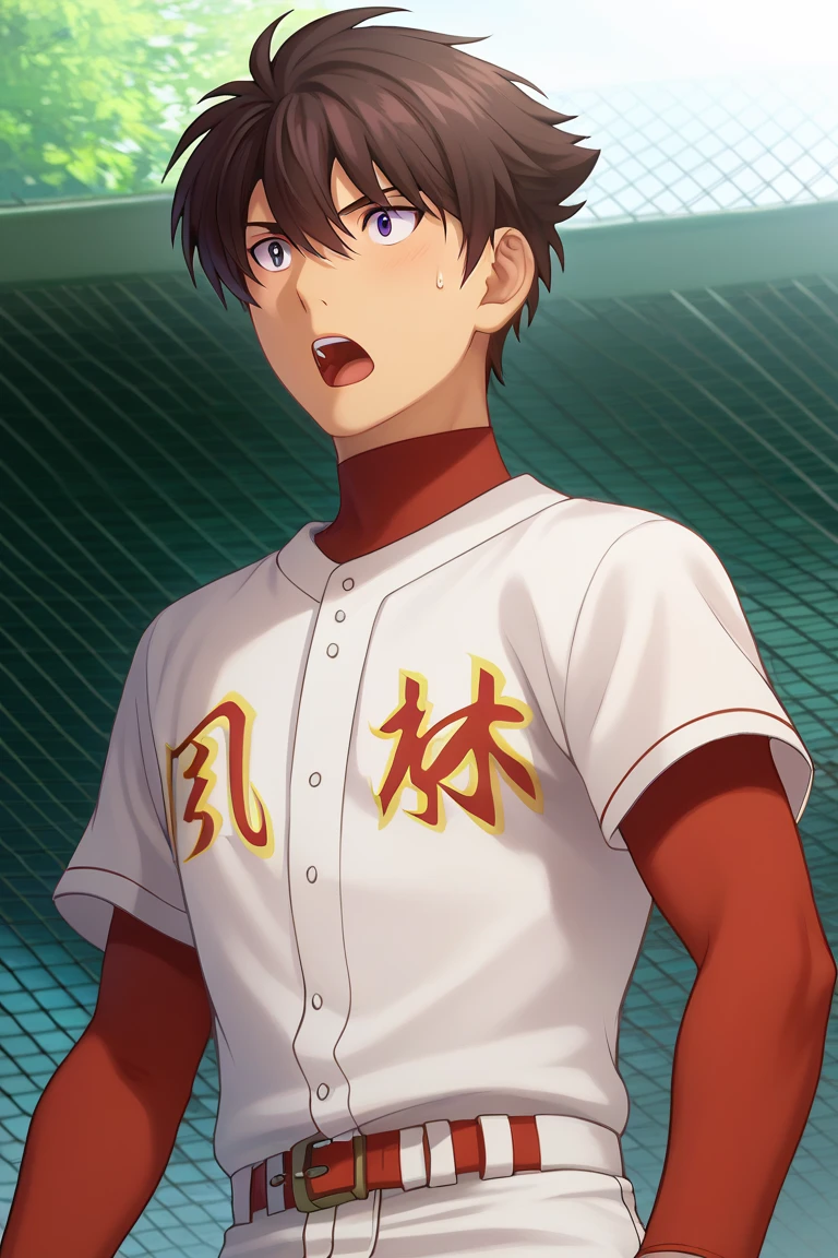 zPDXL2,akira nishina,solo,baseball uniform,1boy,open mouth,male focus,red turtleneck,short over long sleeves,white t-shirt,anime screenshot,<lora:Akira_Nishina:1>,