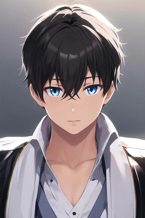 masterpiece, best quality, high quality, 1boy, solo, male focus, looking at viewer, upper body, <lora:youta_narukami:0.58>, youta_narukami, blue eyes, black hair, hair between eyes, realistic, jacket