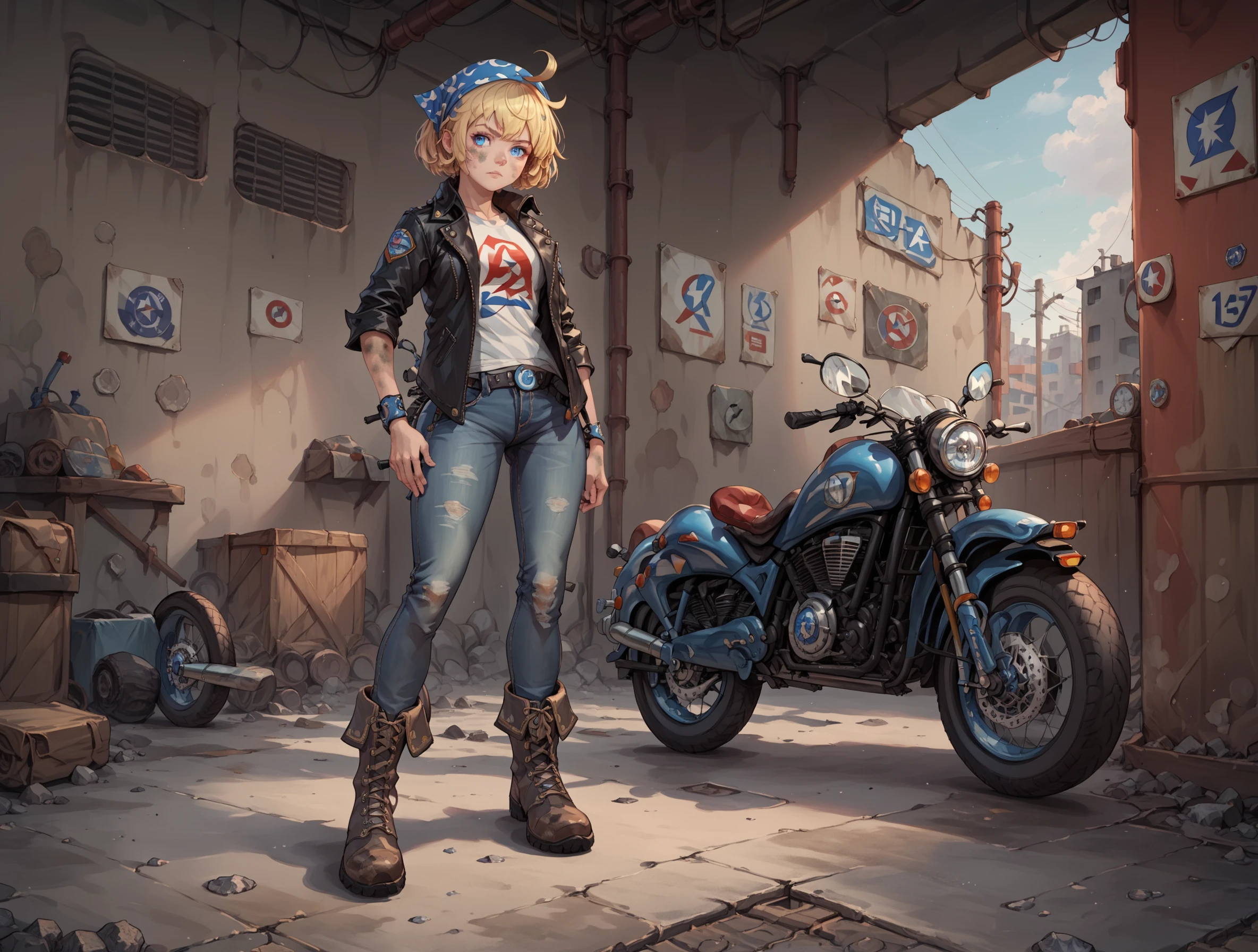 <lora:M1911_Girls_Frontline  (PONY):1> m1911, blue_eyes, blonde_hair, short_hair, bangs, ahoge, solo, leather jacket, gray t-shirt, jeans, boots, biker bar setting, dirty walls,  wooden walls, concrete floor, bandana around head, bar in background, standing, score_9, score_8_up, score_7_up, masterpiece, high quality, 8K, <lora:detailed_notrigger:1>