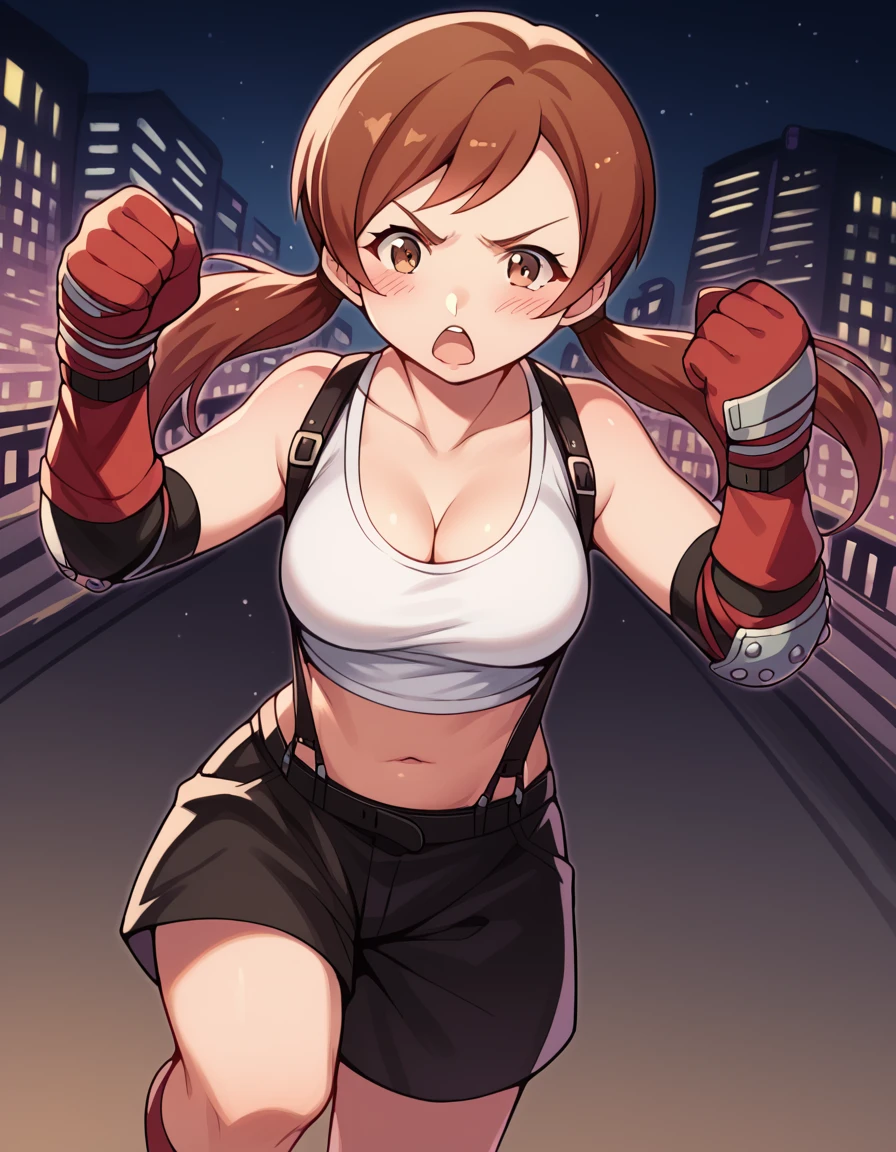 score_9, score_8_up, score_7_up, source_anime, <lora:himari-takanashi-s1-ponyxl-lora-nochekaiser:1>, himari takanashi, brown hair, twintails, brown eyes, low twintails, medium breasts,, <lora:tifa-lockhart-cosplay-ponyxl-lora-nochekaiser:1>, tifalockhartcosplay, tifa lockhart (cosplay), suspender skirt, suspenders, navel, midriff, white tank top, cleavage, elbow pads, crop top, tank top, shorts, short shorts, collarbone, gloves, elbow gloves,, cityscape, street, blush, open mouth, fighting stance, leg lift, leg up, , cowboy shot, dutch angle,