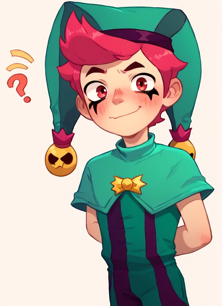 score_9, score_8_up, score_7_up, <lora:bschester:1> 1boy, bschester , pink hair, red eyes , jester cap, green headwear ,green jumpsuit, capelet, ,solo , blush, evil smile,, confused, ??? ,arms behind back, looking at viewer, closed mouth <lora:PossumMachine:1>posmach