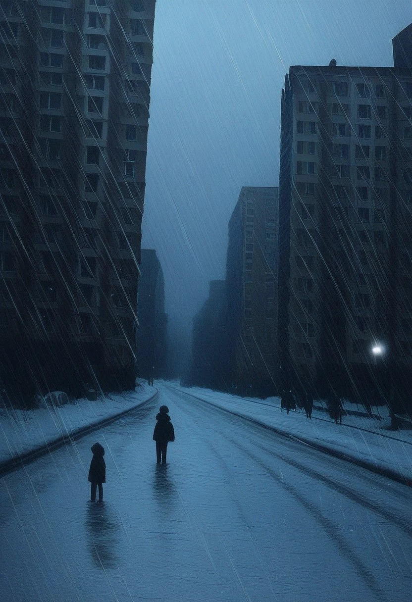 USSR Vibes, Russian Apartments, buildings, road, rainy, snow, melanchonic,