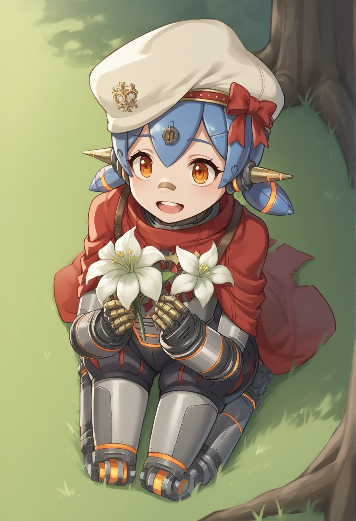 1girl, humanoid robot, robot joints, robot ears, mechanical hair, blue hair, orange eyes, low twintails, hair ornament, bandaid on nose, mechanical arms, mechanical legs, beret, cape, flower, bloomers, kneeling, holding flower, from above, outdoors, forest, grass, smile, open mouth  <lora:Poppi_Alpha:1>, score_9, score_8_up, score_7_up, score_6_up, score_5_up, score_4_up, BREAK source_anime, masterpiece