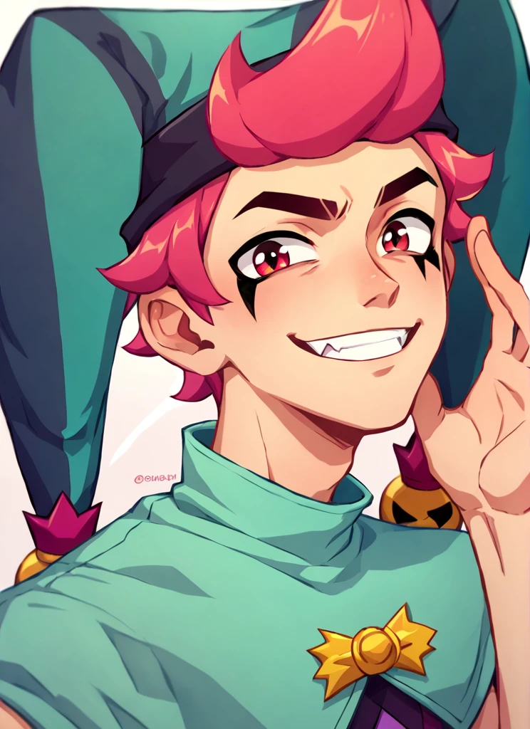 score_9, score_8_up, score_7_up, <lora:bschester:1> 1boy, bschester , pink hair, short hair, red eyes , jester cap, green headwear ,green jumpsuit, capelet, ,solo looking at viewer, smile fang,