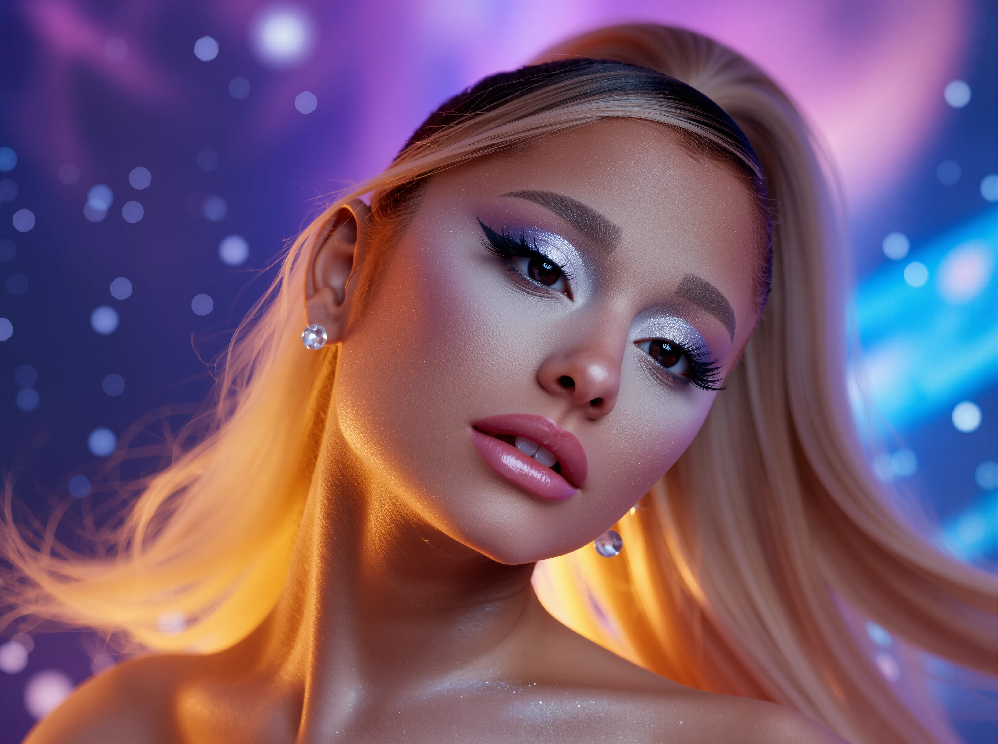 Closeup of Ariana Grande in a cosmic setting, stars twinkling in the background as nebulas of purple and blue swirl around her. Her face glows with an otherworldly radiance, her makeup shimmering with iridescent highlights. Her high ponytail flows like stardust, blending into the cosmic backdrop. The space-themed scene, with swirling galaxies and glowing planets, adds a futuristic, ethereal quality, making her look like a celestial goddess.

masterpiece, sharp, high resolution, extreme details
