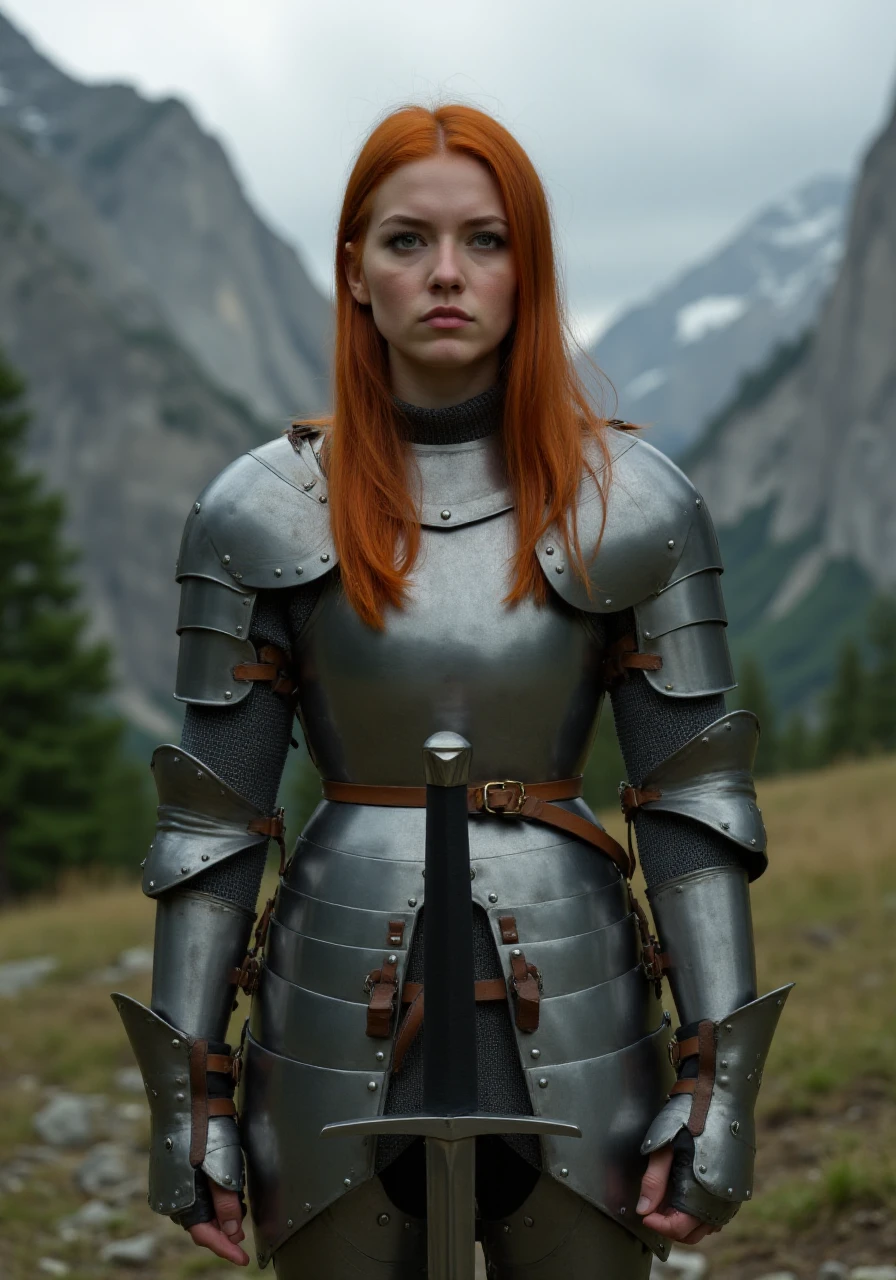 HFPA, Historical Full Plate Armor, The image is a high-resolution photograph featuring a gorgeous young woman dressed in medieval-style armor, standing in the middle of a mountain region. She has striking, long, straight, fiery red hair cascading down her back and a pale, freckled complexion. she has a long sword sheathed in its scabbard on her belt, Her piercing green eyes gaze directly at the camera with a serious, slightly defiant expression. She is dressed in a set of intricately detailed, silver-colored metal armor, complete with shoulder guards, a breastplate, and gauntlets, indicating a medieval knight or warrior, no helmet,  dramatic epic scene, mist and smoke, cinematic, dramatic lighting, dramatic epic scene, mist and smoke, cinematic, dramatic lighting
  <lora:Historical_Full_Plate_Armor-000007:0.8>  <lora:FluxDFaeTasticDetails:0.6> <lora:detailed photorealism style v3:0.6>