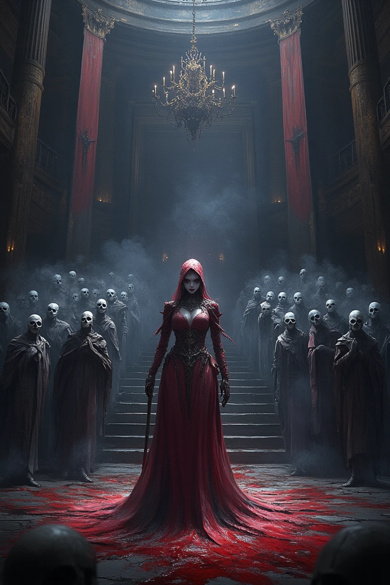 ahx,This image is a highly detailed, CGI-rendered digital artwork in a dark, gothic style, reminiscent of a scene from a fantasy or horror film. The central figure is a woman with a pale, almost ghostly complexion, dressed in a long, flowing red gown that is intricately detailed with lace and embroidery. Her face is partially obscured by her hood, and she holds a sword in her right hand, adding an air of menace and authority. The woman stands on a grand, ornate staircase that leads to a vast, dimly lit hall. The hall is adorned with towering, dark pillars and an elaborate chandelier hanging from the ceiling, casting a soft, eerie light.Surrounding the woman are numerous skeletal figures, dressed in tattered, dark robes, their faces hidden by masks or cloaks. These figures are arranged in a semi-circle, creating a sense of tension and anticipation. The floor is covered in a dark, dusty red substance, possibly blood, which adds to the macabre atmosphere. The background is dominated by large, red curtains that hang from the ceiling, creating a dramatic backdrop. The overall color palette is dark and moody, with muted reds, blacks, and grays, enhancing the haunting and ominous mood of the scene.