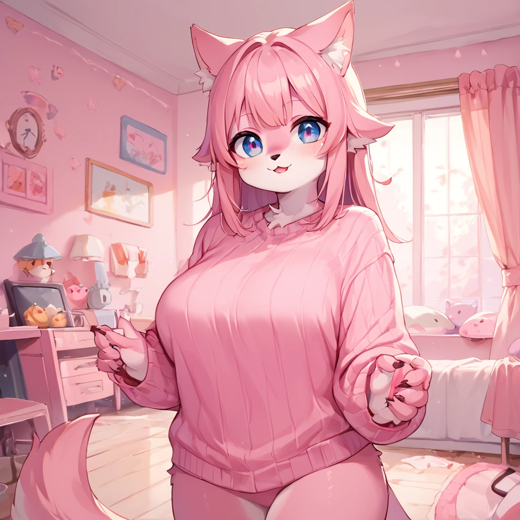score_9, score_8_up, score_7_up, score_9, score_8_up, score_7_up,large breasts, furry, 1girl,sweater, b3droom, pink theme, kawaii, indoors<lora:Private_roomkawaii_female_bedroom:1>
