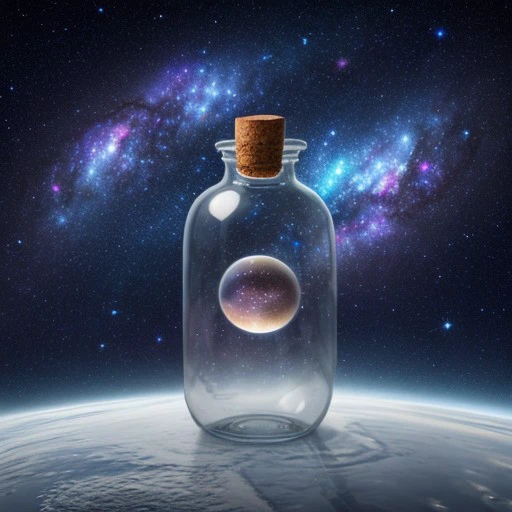 surreal image, galaxy in bottle laying down, background None, fantasy, <lora:AppleBottle:0.9>