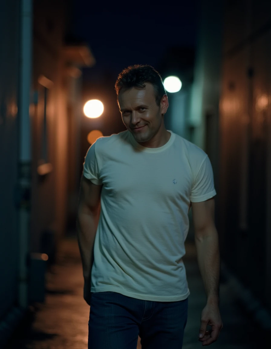 <lora:Rupert_Giles_Flux:1>The image is a photograph featuring a man standing in an alley at night, air of menace ,wearing a white t-shirt, jeans, short hair, smirking mischievously