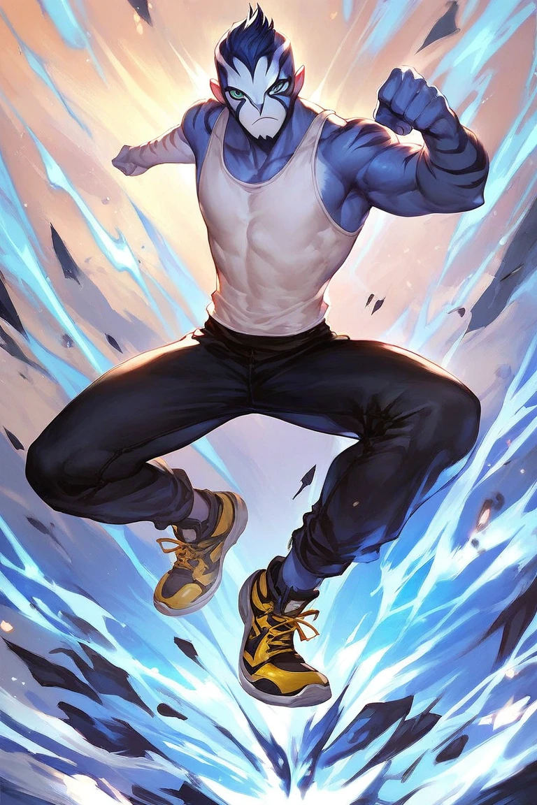 score_9, score_8_up, score_7_up, anime origin, alien rook blonko, dark blue fur, physically fit, tank top, pants, shoes, fighting pose, energy sphere, full body, looking at viewer, front view