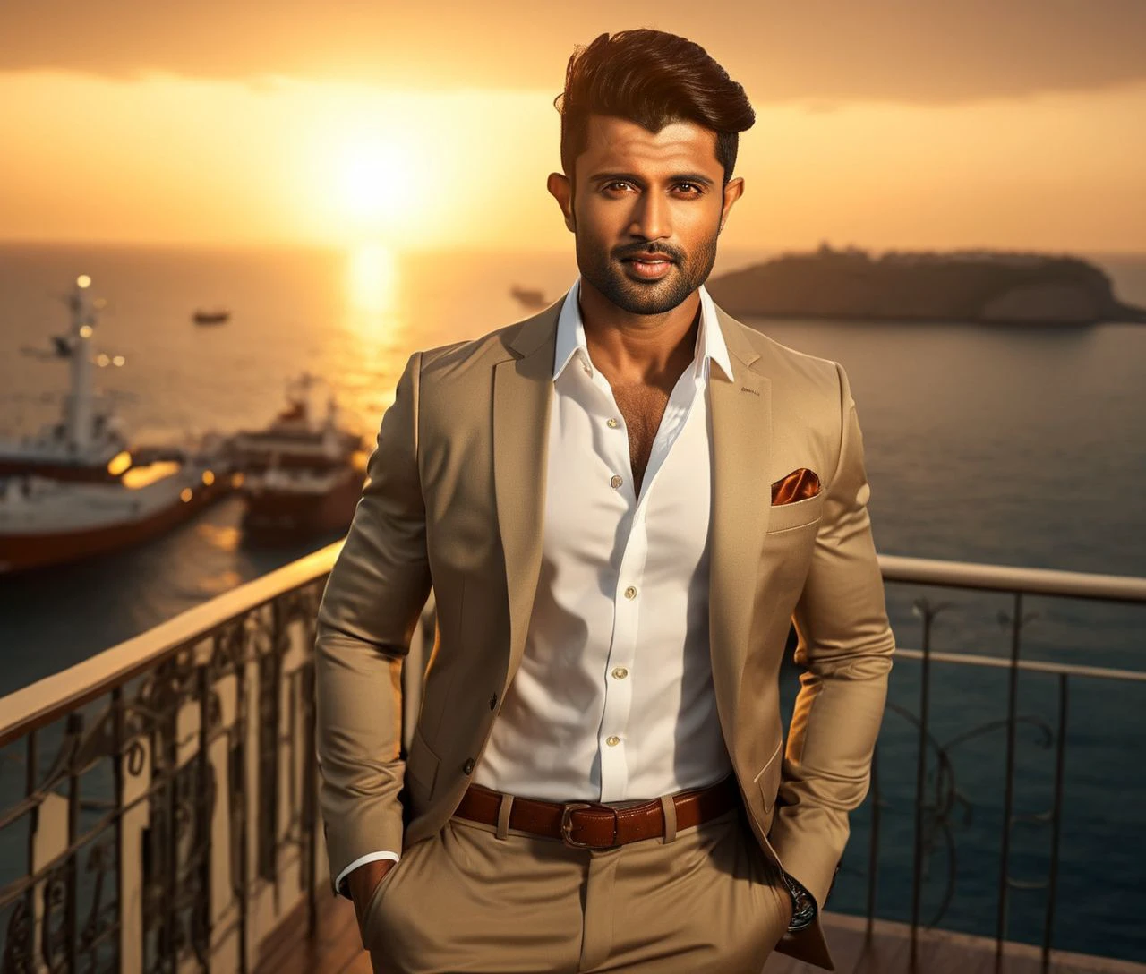 Nautical-themed (Photo:1.3) of (Ultrarealistic:1.3) <lora:Man_Men_FFashion:1> Hrithik roshan a man <lora:vijaydevara_Hrithik:0.9> in a tan suit standing on a balcony, sun behind him, inspired by Pablo Munoz Gomez, shot at golden hour, editorial photograph, midshot of a hunky, by Roman Bezpalkiv, by Artur Tarnowski, maxim sukharev, by Gabor Szikszai,Highly Detailed,(Mono Color:1.3) . Sea, ocean, ships, maritime, beach, marine life, highly detailed