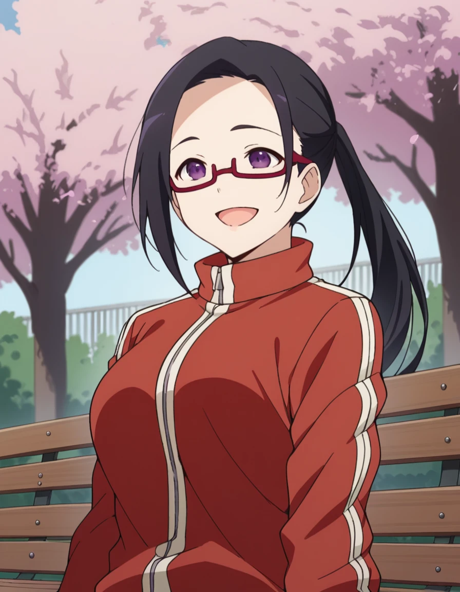 score_9, score_8_up, score_7_up, source_anime, <lora:sakie-satou-s1-ponyxl-lora-nochekaiser:1>, sakie satou, long hair, black hair, purple eyes, glasses, semi-rimless eyewear, red-framed eyewear, under-rim eyewear, large breasts,, ponytail, jacket, track jacket, track suit, red jacket,, park, cherry blossoms, bench, gentle breeze, peaceful, running, open mouth,, smile, , v, v over eyes,, solo,, cowboy shot, dutch angle,