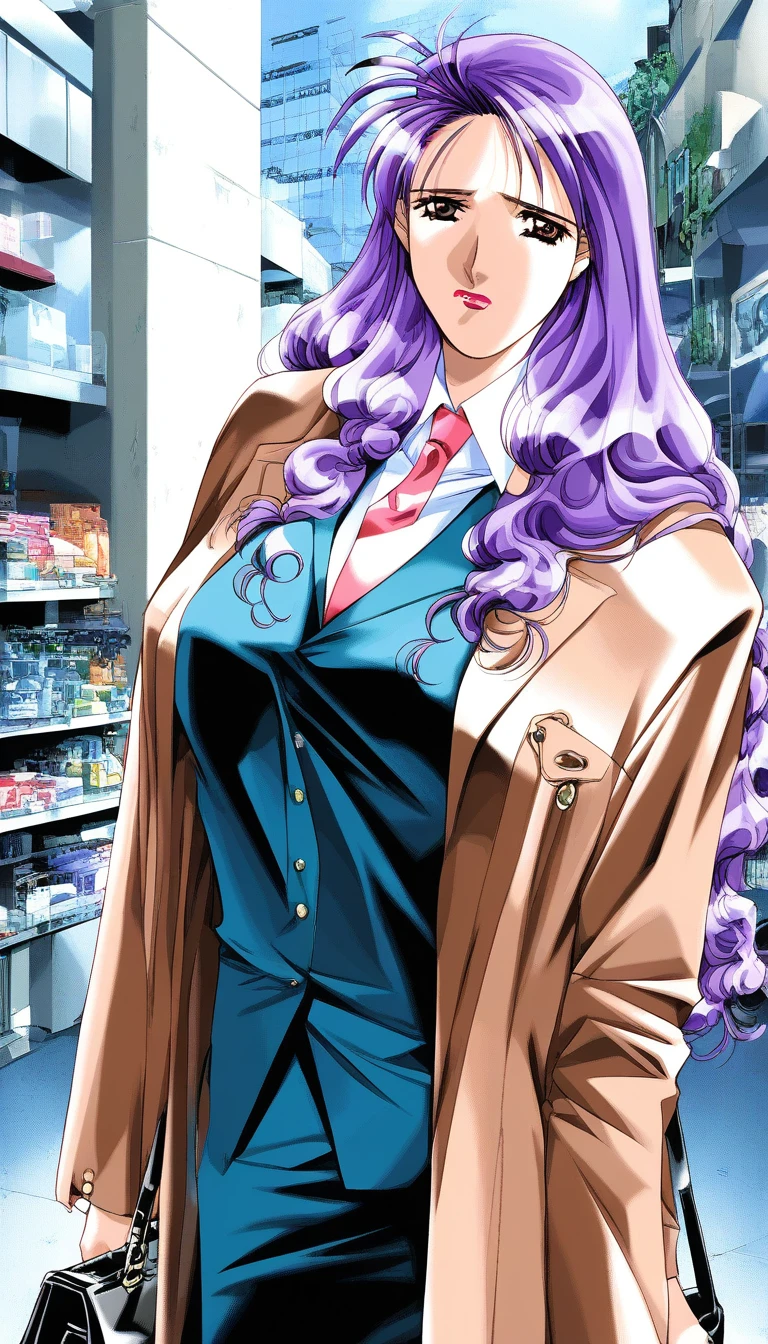 score_9, score_8_up, score_7_up, source_anime, rating_explicit, BREAK  <lora:Katagiri_Mirei_XL:1>Katagiri_Mirei, purple hair, long hair, lipstick, brown eyes, large breasts,
Katagiri_Mirei, necktie, bag, 1girl, solo, handbag, solo focus, coat, sad,
department store,