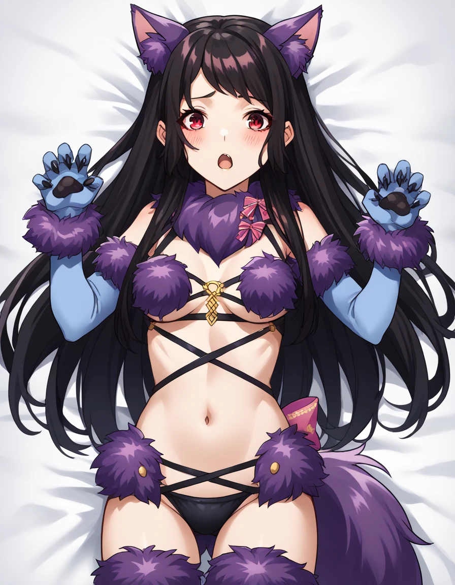 score_9, score_8_up, score_7_up, source_anime, <lora:kaori-houjou-s1-ponyxl-lora-nochekaiser:1>, kaori houjou, long hair, bangs, black hair, red eyes, sidelocks, medium breasts, <lora:mash-kyrielight-halloween-costume-ponyxl-lora-nochekaiser:1>, mash kyrielight halloween costume, mash kyrielight (dangerous beast) (cosplay), fur-trimmed legwear, purple tail, fur bikini, fur-trimmed gloves, purple glves, revealing clothes, fur collar, purple thighhighs, wolf tail, wolf ears, o-ring top,, bed, on bed, on back, open mouth, blush, <lora:paw-pose-ponyxl-lora-nochekaiser:1>, paw pose,, , cowboy shot, dutch angle,